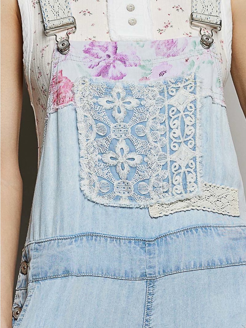 POL Light Blue Denim Patchwork Lace Jumpsuit with Pink Accents - Picture 7 of 8